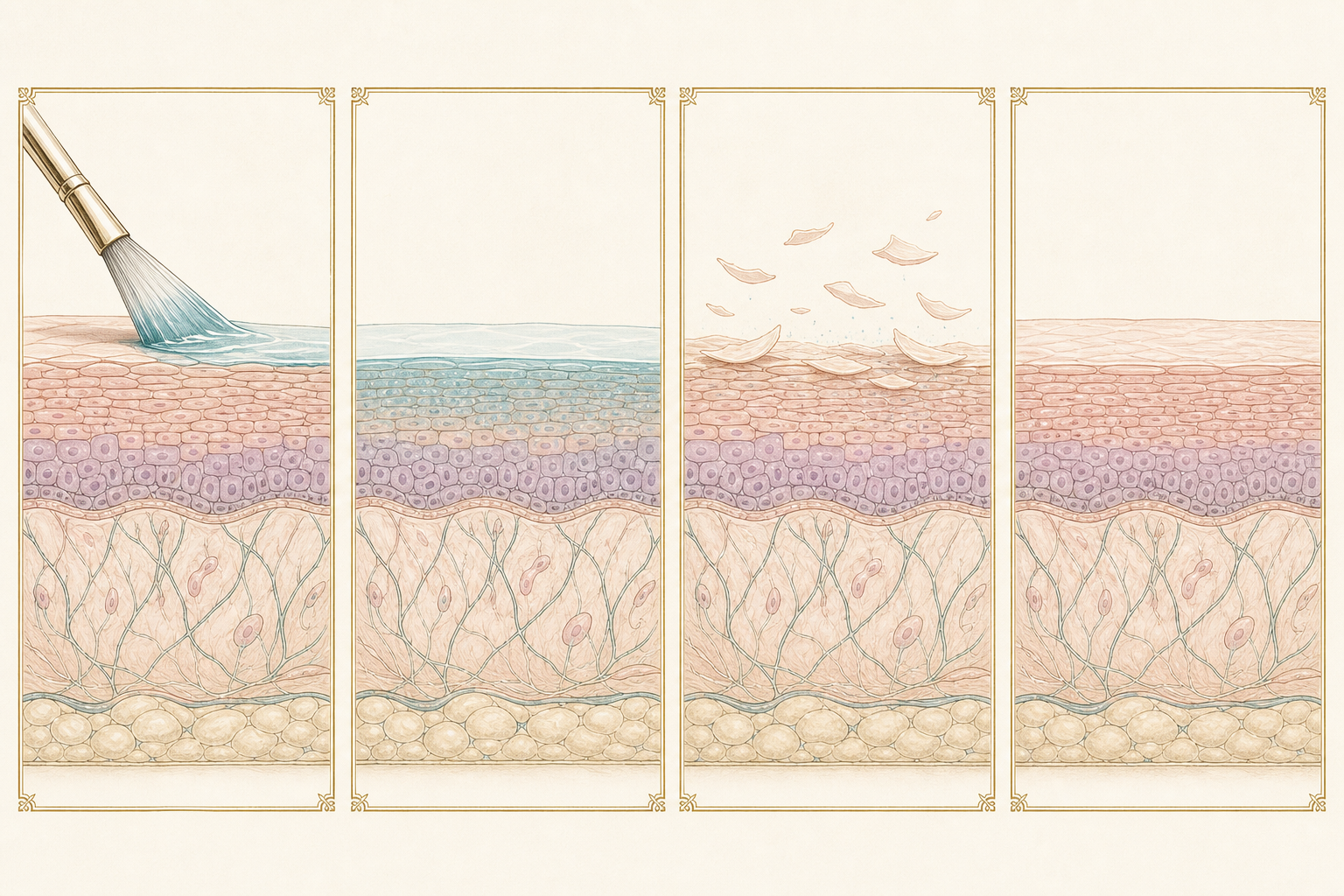 Four-stage skin cross-section showing peel application, controlled action in the epidermis, surface shedding and an orderly renewed epidermis