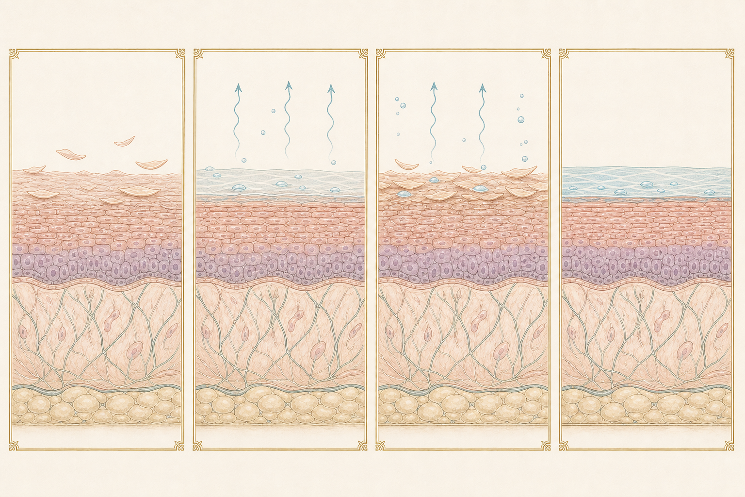 Four-part Idalia educational diagram explaining dry versus dehydrated skin