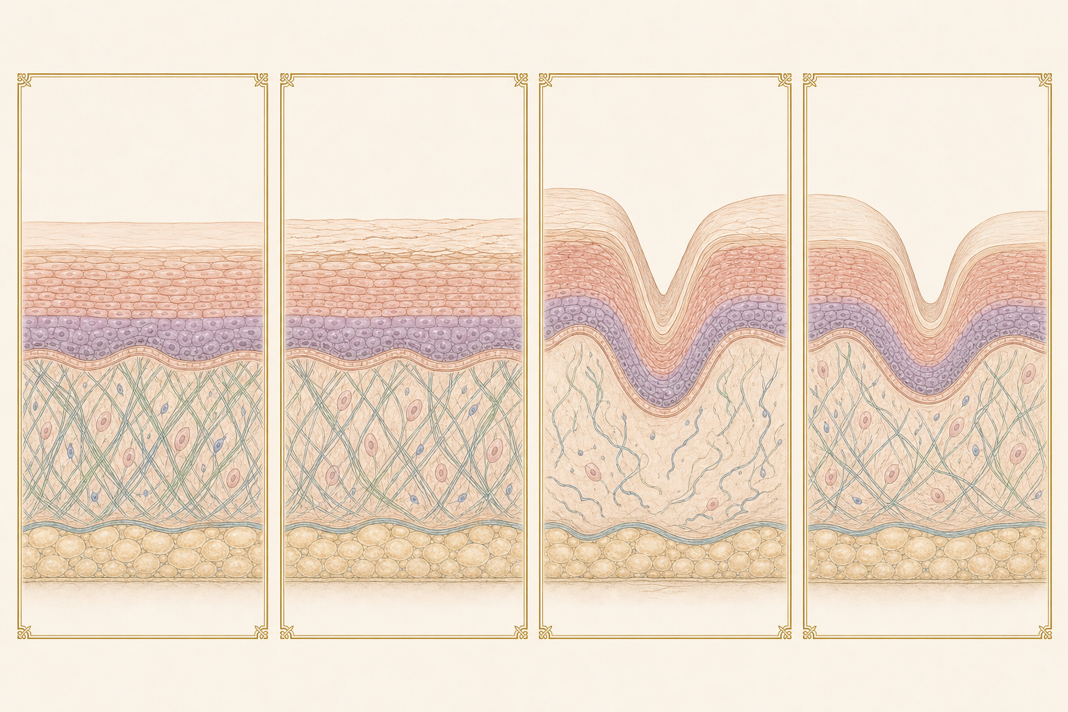 Four-panel skin cross-section showing resilient skin, superficial dehydration lines, a deeper wrinkle and realistic dermal remodelling