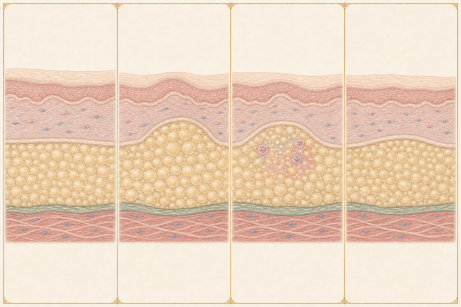 Four-panel body cross-section showing an even subcutaneous fat layer, a localised deposit, a local treatment response and a modest contour reduction