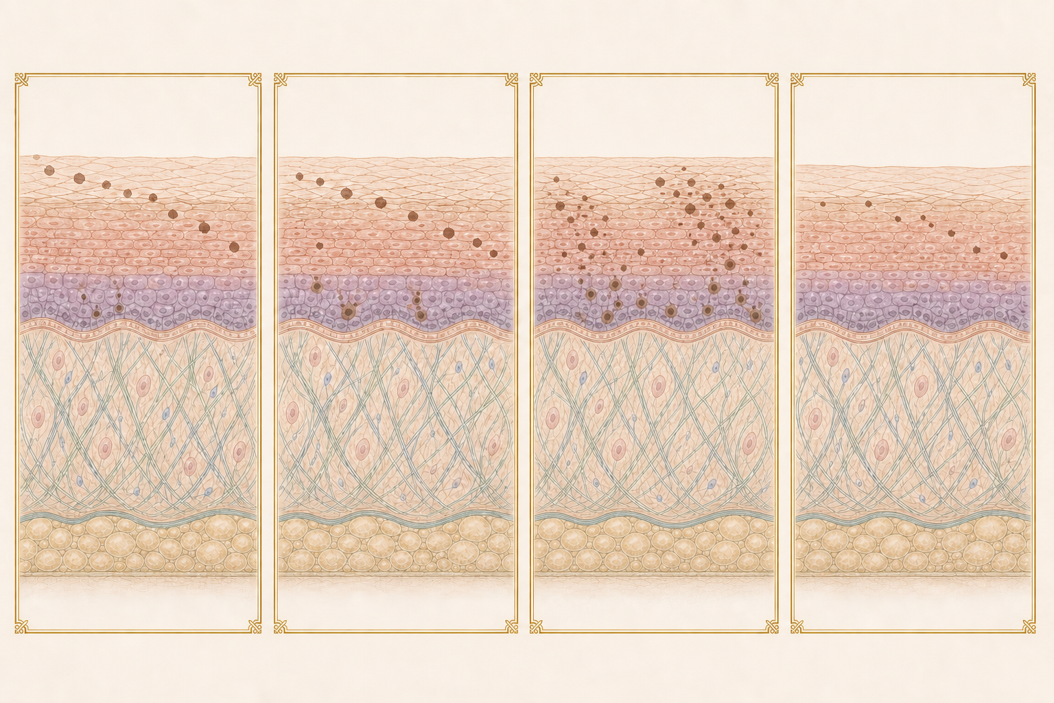 Four-part Idalia educational diagram explaining pigmentation and uneven-looking tone