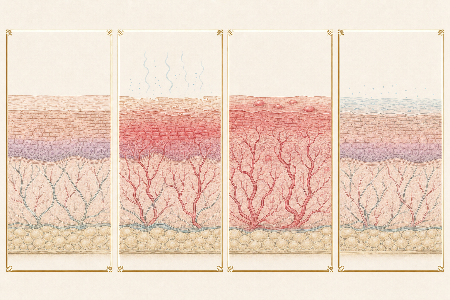 Four-panel skin cross-section showing calm skin, barrier disruption and dilated vessels, a rosacea flare and a calmer supported state
