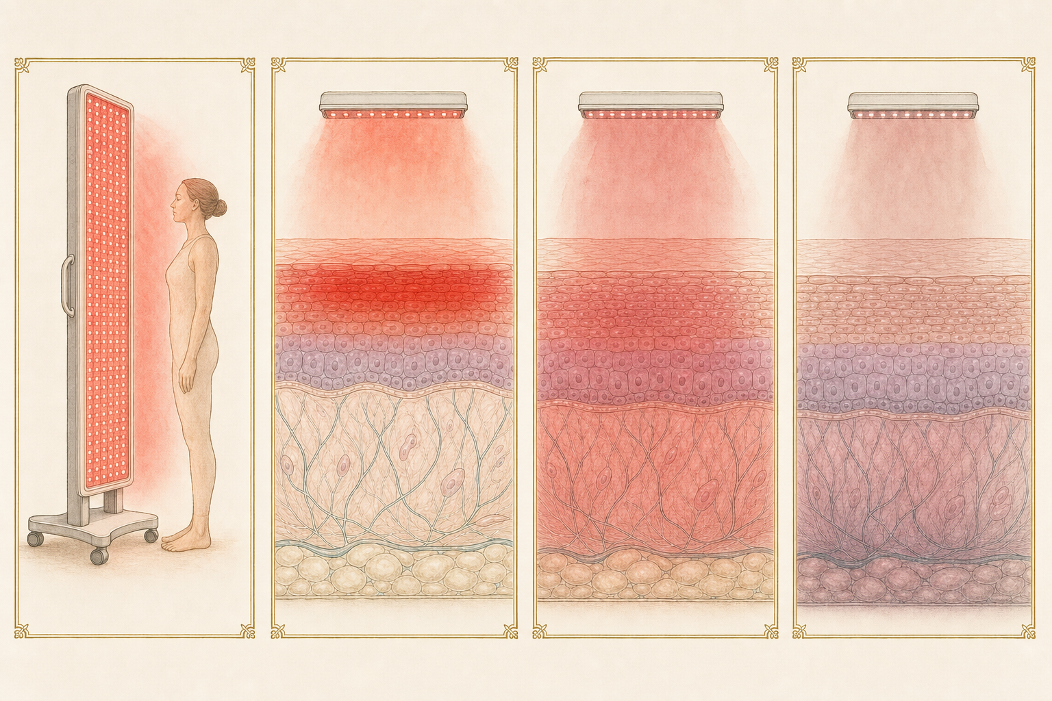 Four-panel illustration showing a full-body freestanding light panel and qualitative tissue exposure for 660, 850 and 940 nanometres