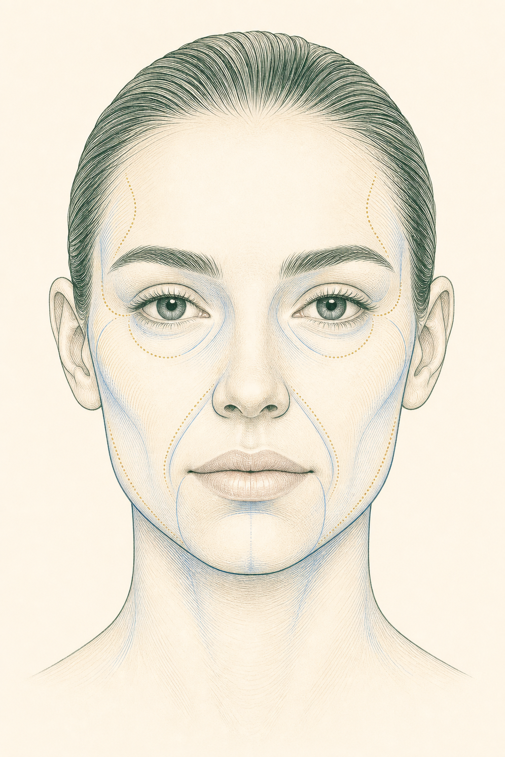 Drawn front-facing facial-area guide with numbered markers